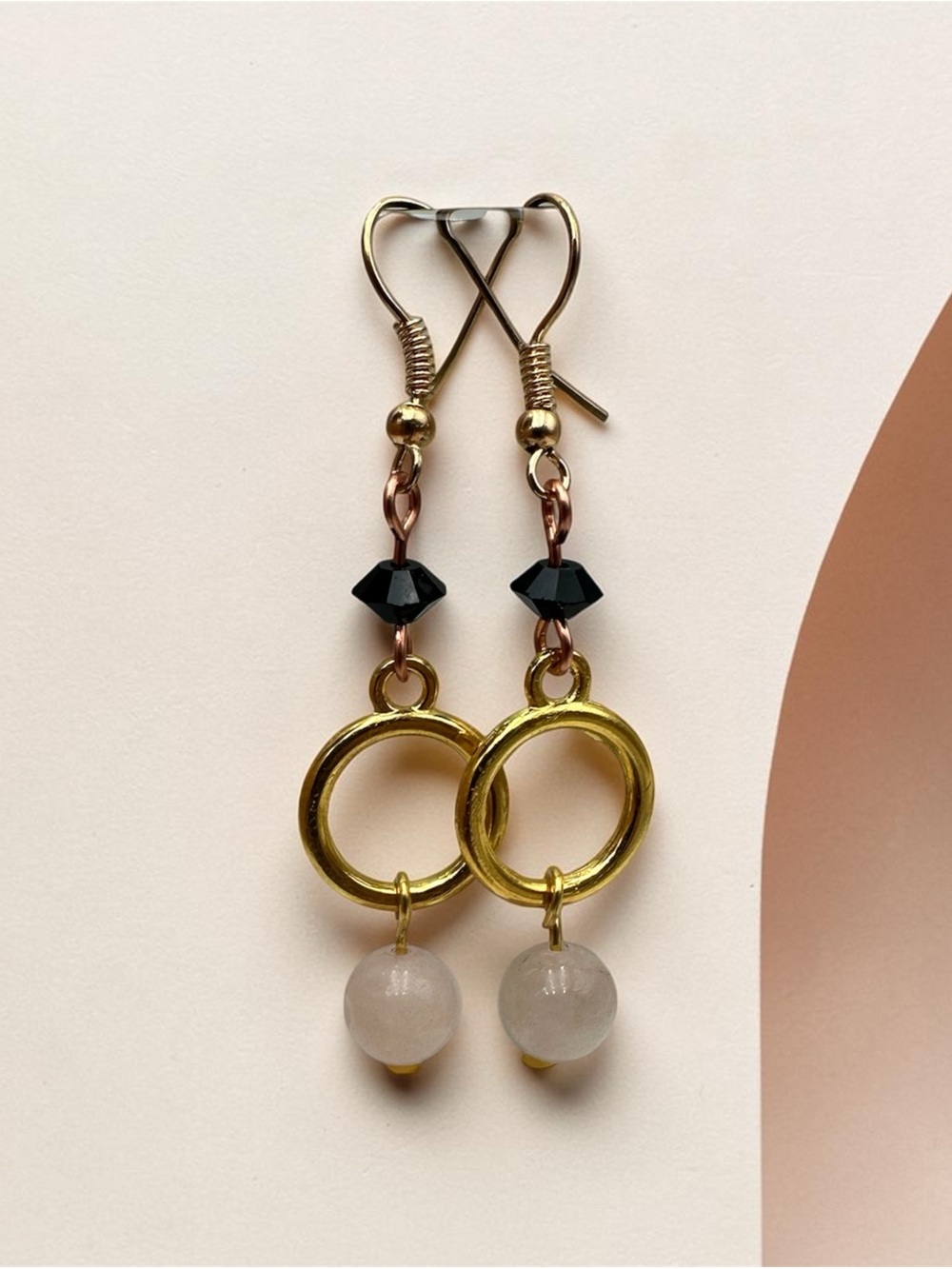 Handmade Black Crystal Gold Hoop Dangle Earrings with Gemstone Beads